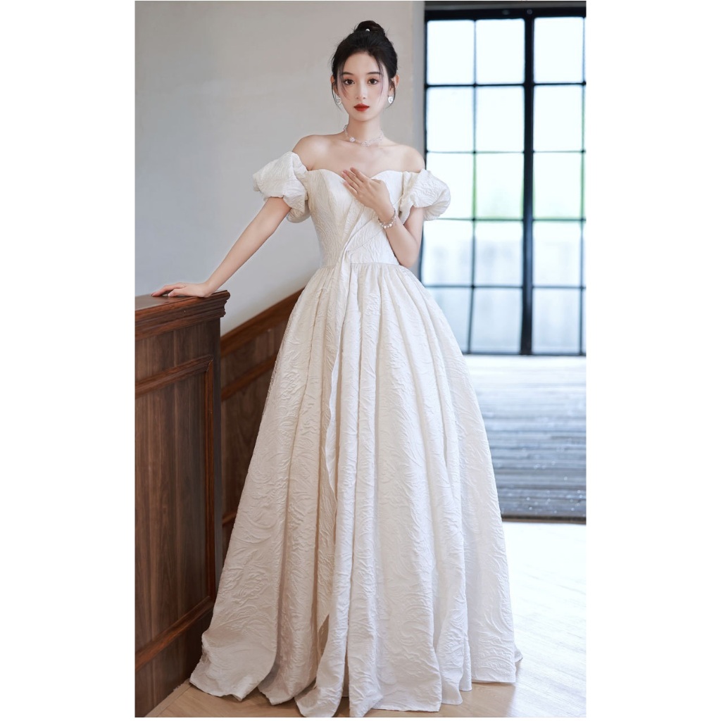 Gaun Pesta 2408017 Putih Lengan Pendek V Neck Party Dress