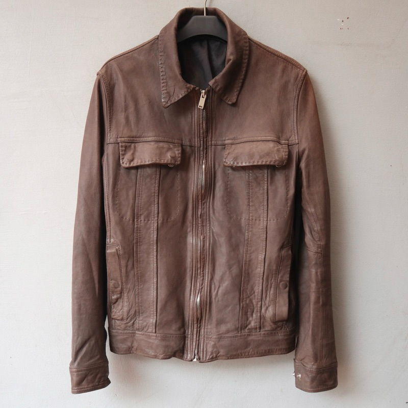 Jaket kulit asli trucker vintage coklat klasik treker traker kemeja leather jacket Pl bekas preloved