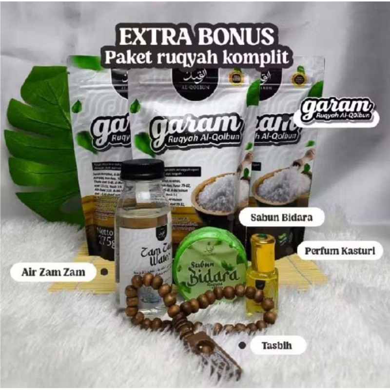 

Garam Ruqyah Al Qolbun 3Pcs 275gr Bonus Sabun Bidara, Parfum Kasturi, Air Zam Zam Dan Tasbih