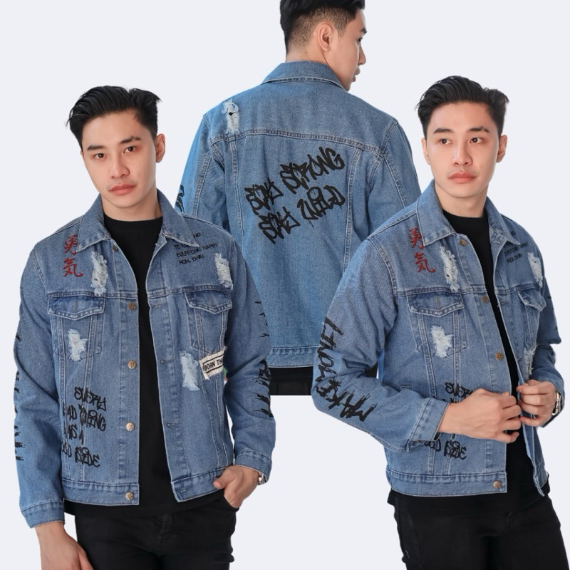 SIXTEEN - Jaket Jeans Pria Rocafela Grafity 01 Denim Kerah Sablon Cowok Terbaru / Jaket Denim Murah