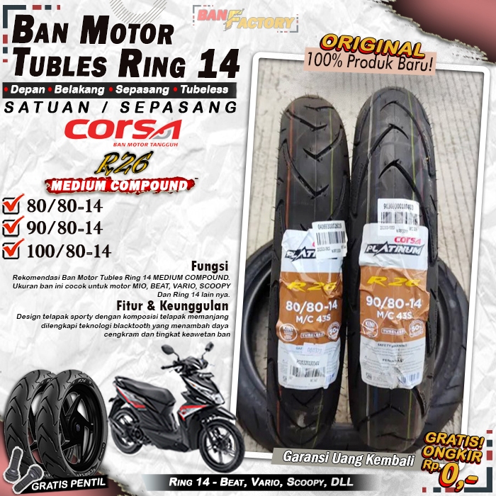 Ban Motor CORSA R26 PLATINUM Ring 14 Tubeless Ban Tubles depan belakang Motor Matic Beat Ring 14