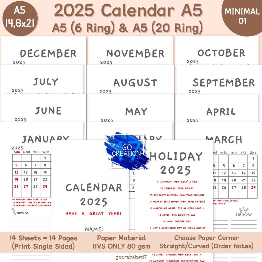 

Buku Planner Kertas Isi Binder Kalender Calendar 2025 Simple Minimalis A5