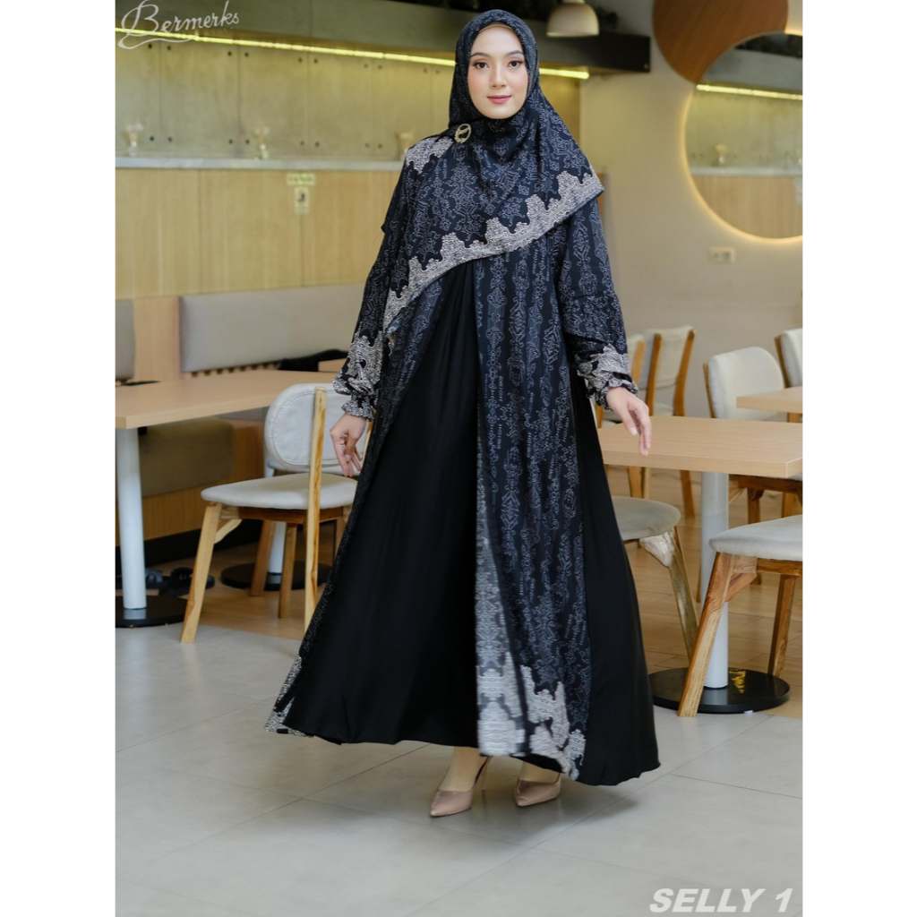 SELLY Gamis Motif Set Hijab Bahan Rayon Twill Original Bermerks Busui Simple Mewah Terbaru All Size