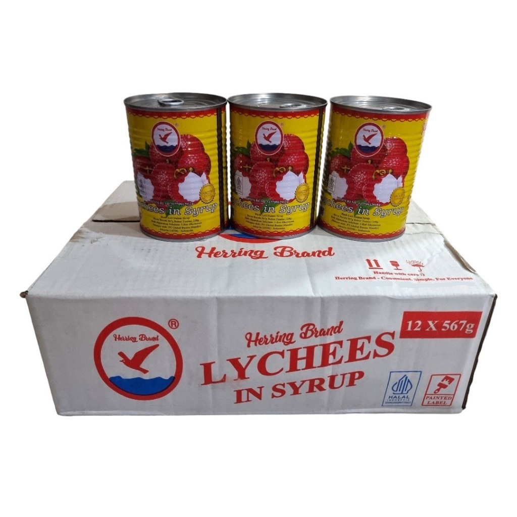 

Buah syrup leci lechi lychee kaleng dalam sirup halal Herring Brand 12 x 567 gram 1 karton dus
