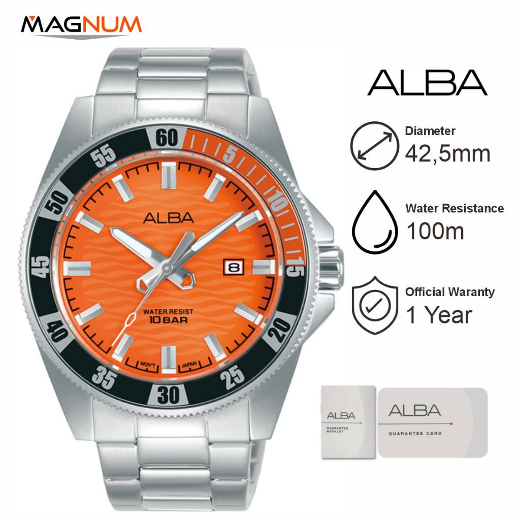 ALBA AG8L93 Jam Tangan Pria Stainless Steel Strap Dial Orange Original Garansi Resmi
