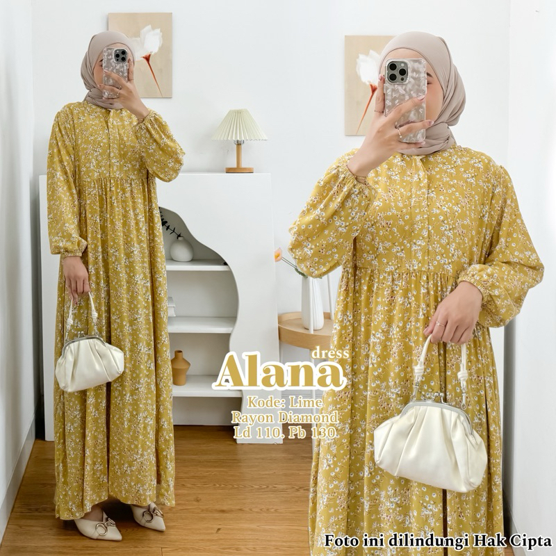 Alana Dress Rayon Diamond Panjang 130cm Jumbo Busui Zipper Gamis Muslim Wanita Katun Motif