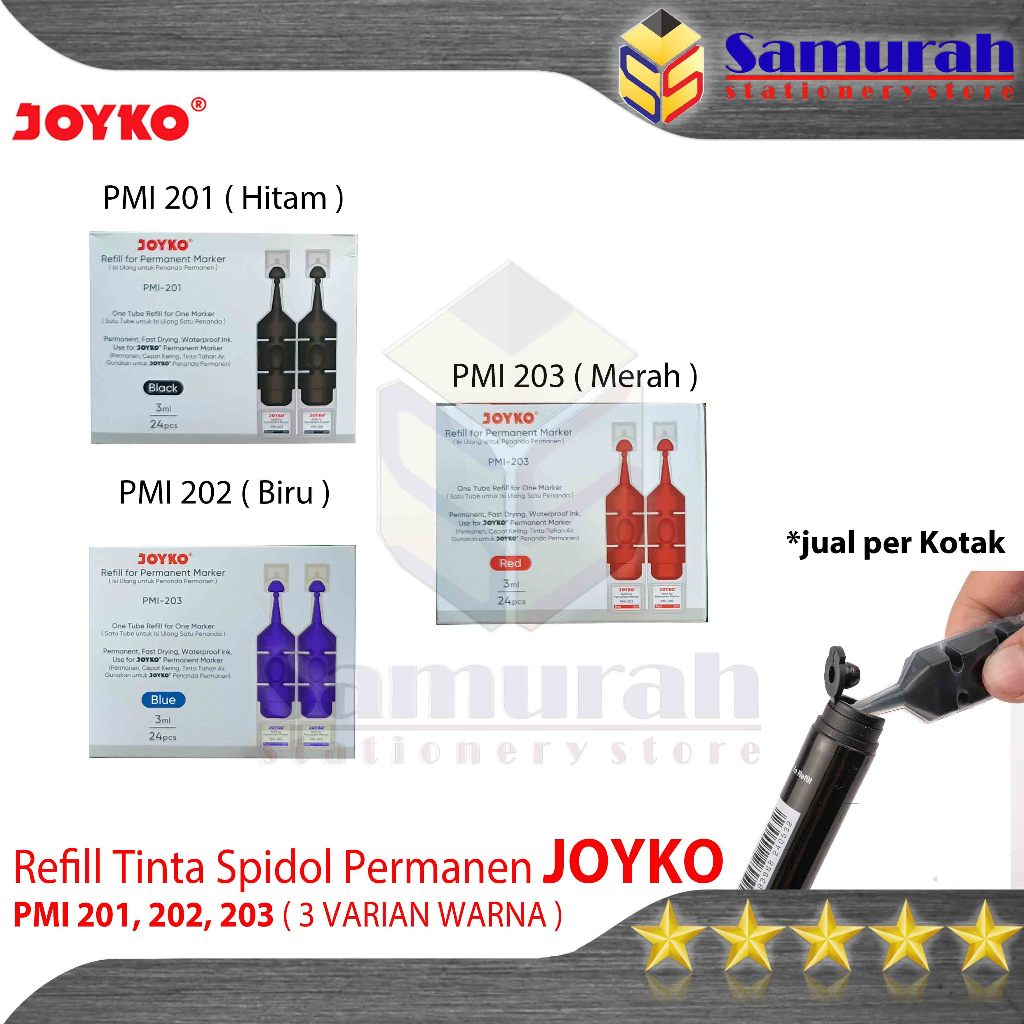 

Tinta Spidol Permanen Marker Joyko PMI 201 / PMI 202 / PMI 203 Isi Ulang Refill Permanent Khusus untuk PM 34 / 35 / 36 Warna Hitam - Biru - Merah Per Pak isi 24 pcs - 3 ml