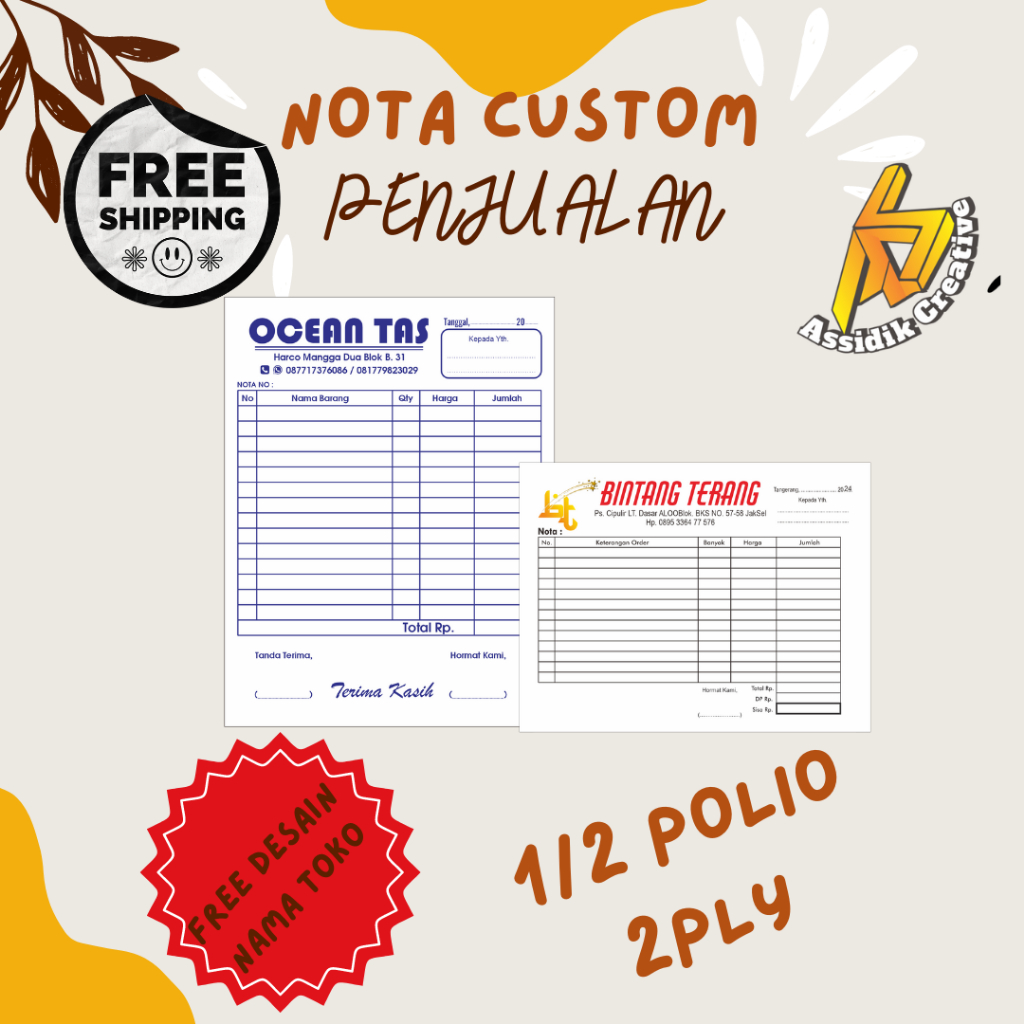 

NOTA CUSTOM PENJUALAN 1/2 NCR 2PLY INVOICE PERUSAHAAN RESTORAN BENGKEL FREE DESAINS NAMA & LOGO TOKO