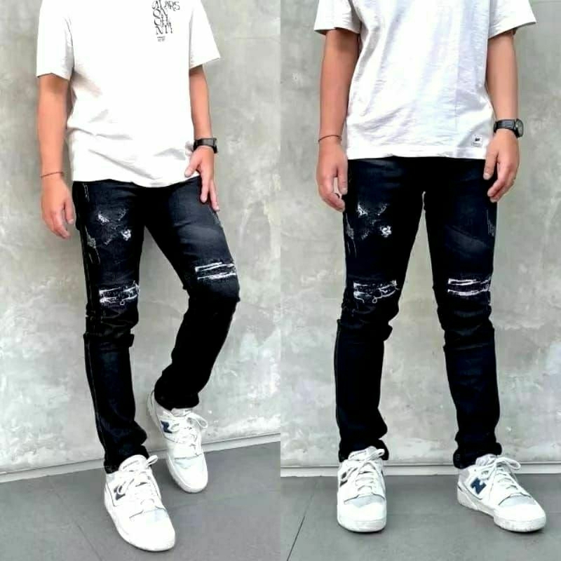 Celana Jeans Pria Sobek Lutut Ripped Hitam/Celana Panjang Jeans Snow