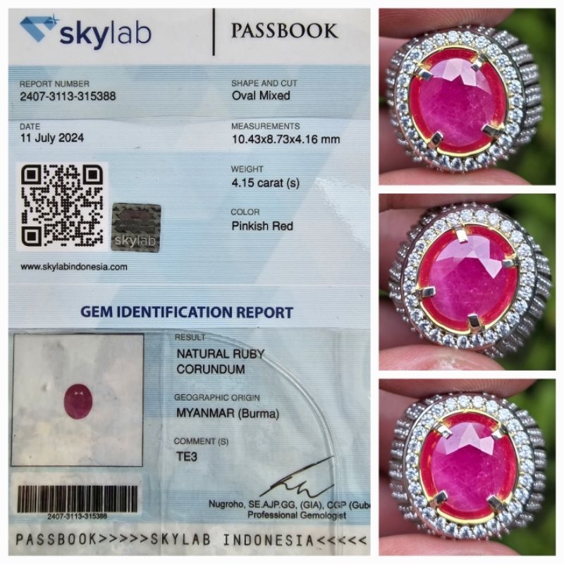 Natural Ruby Burma Myanmar Sertifikat 4.15 crt
