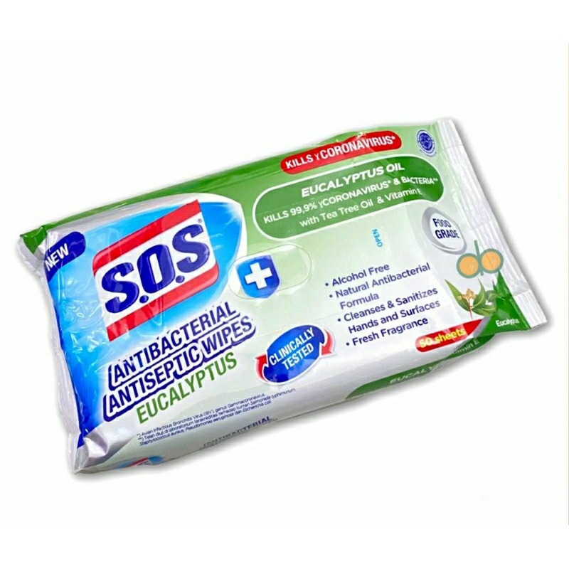 S.O.S Antibacterial Antiseptic Wipes (50 Sheets) EUCALYPTUS OIL+FOOD GRADE