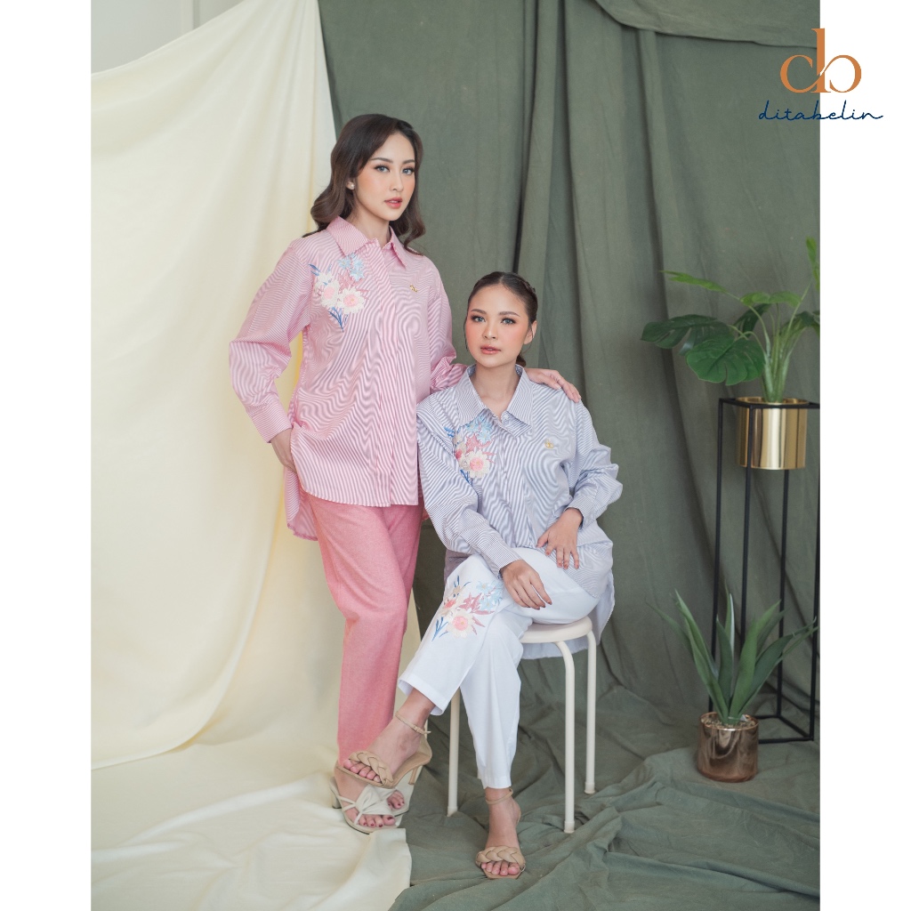 Ditabelin - Kemeja Celana Wanita Ruwa One Set Atasan Strope Bordir Bunga Elegant Lebaran Hari Raya A