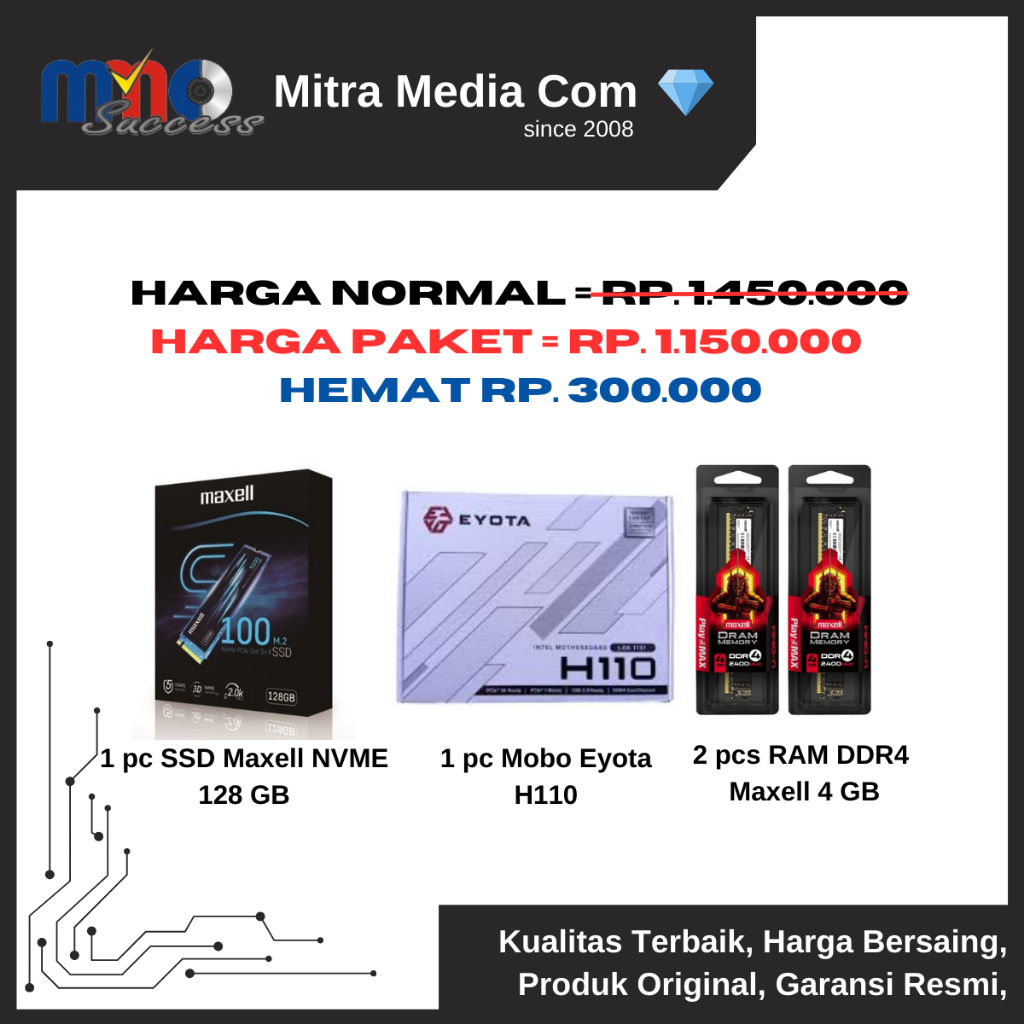 PAKET HEMAT Mobo Eyota H110 + Maxell SSD Nvme 128 GB + 2 Pcs Ram DDR4 Maxell 4 GB