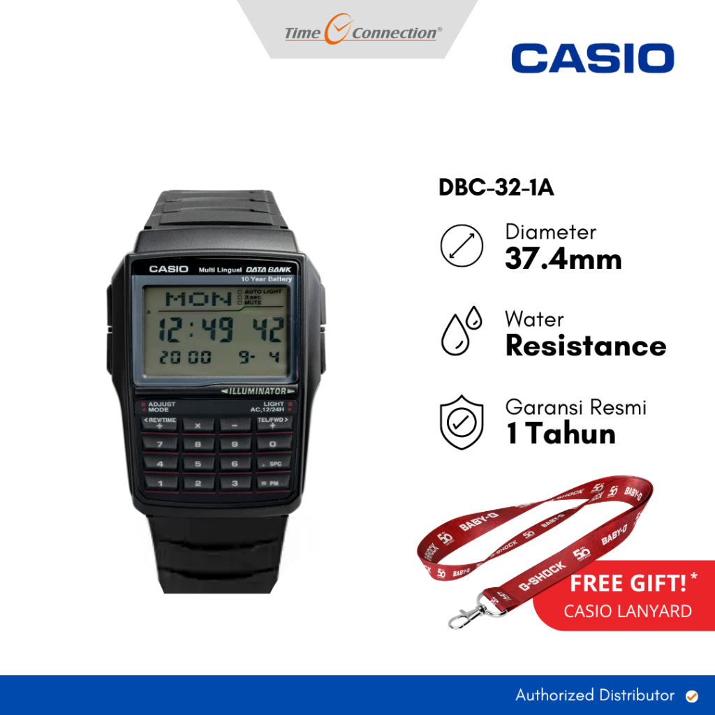 Casio DBC-32-1A Hitam Original / Jam Tangan Pria Digital Resin Kalkulator Data Bank
