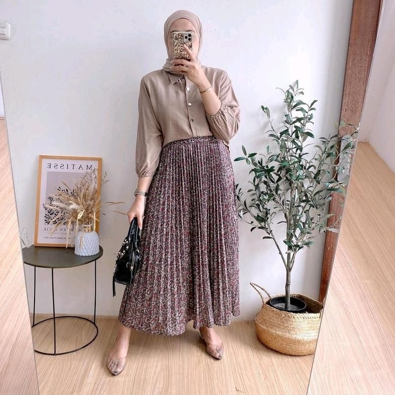 Emra Set Rok Atasan Polo Linen Premium Bawahan Rok Plisket Higet Premium OneSet Rok Kekinian Setelan