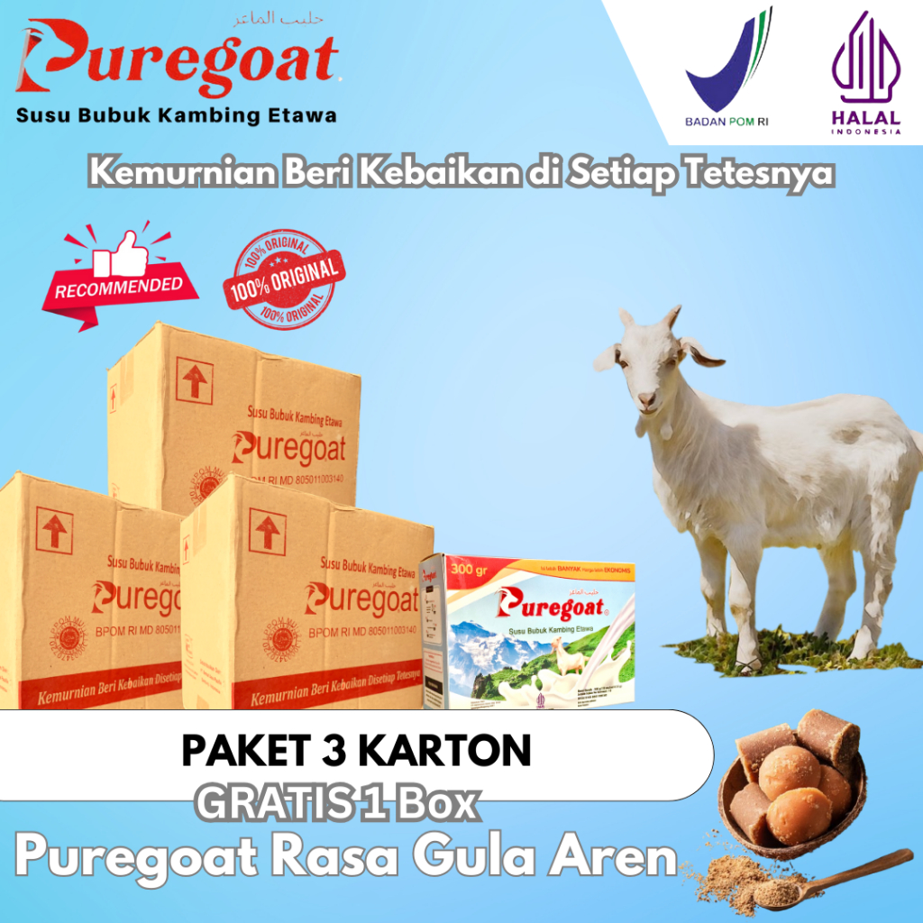 

Puregoat - PAKET RESELLER 2 Susu Bubuk Kambing Etawa Gula Aren Murni - 3 Karton GRATIS 1 BOX