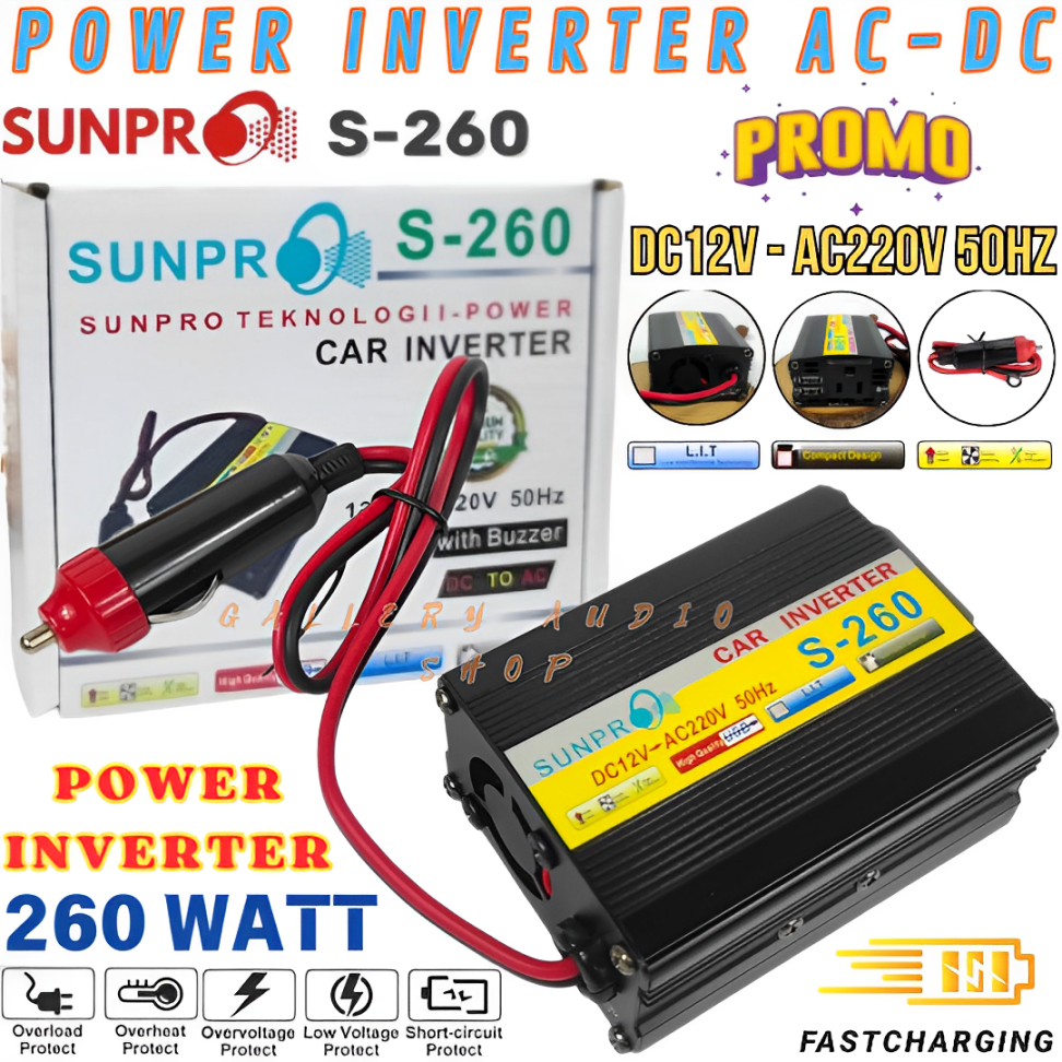 Inverter Power DC To AC 260 Watt SUNPRO S-260 With USB 5V / Power Inverter 260 Watt 12V ke 220V 50Hz