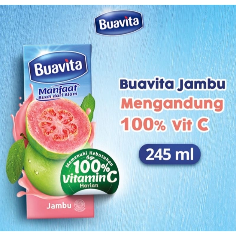 

Buavita Minuman Sari Buah Asli Jambu yang kaya Vitamin C tersedia dalam kemasan 245 mL