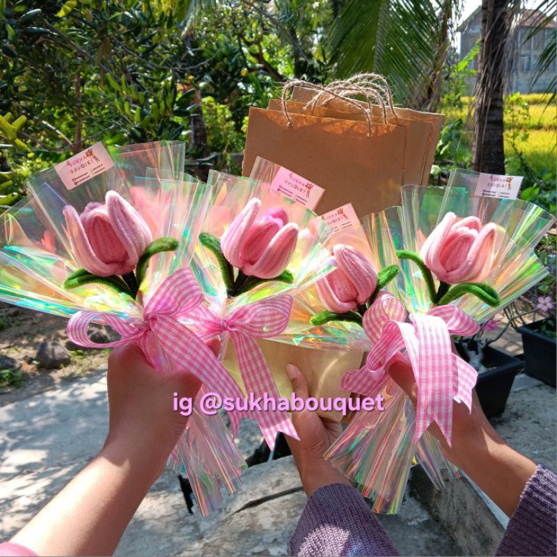 Mini Buket Single Flower Kawat Bulu / Pipe Cleaner Bouquet / COD Free Packing / Bucket wisuda / buke