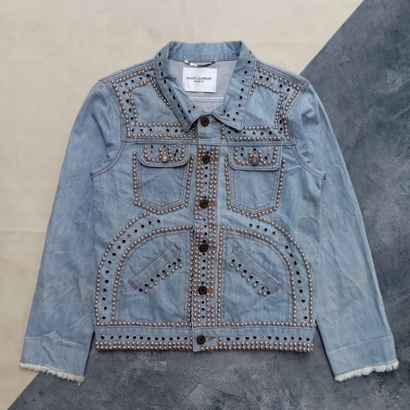 Jacket jeans trucker denim Saint Laurent Paris Light blue studded rhinestone trimmed SS16