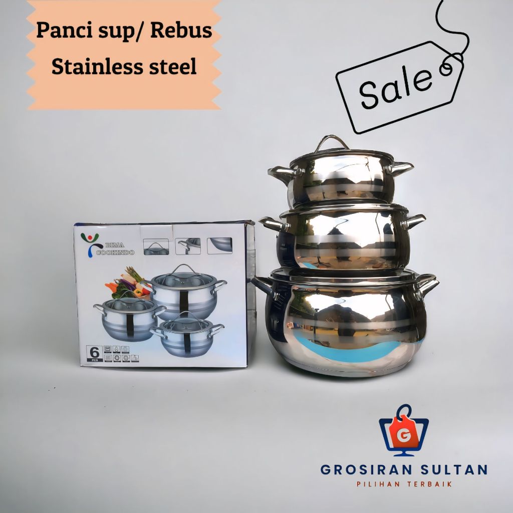 Panci Masak Sop Rebus  Bima Cookindo 1 set 6pcs Tutup Kaca Tebal Soup Stainless Steel 16cm 20cm 24cm