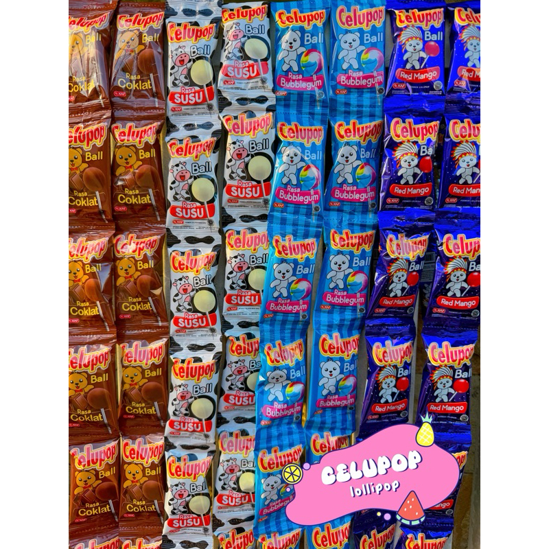 

( Renteng ) Celupop Ball Permen Lollipop Rasa Red Mango - Cokelat - Bubblegum - Susu 1 renteng isi 10pcs