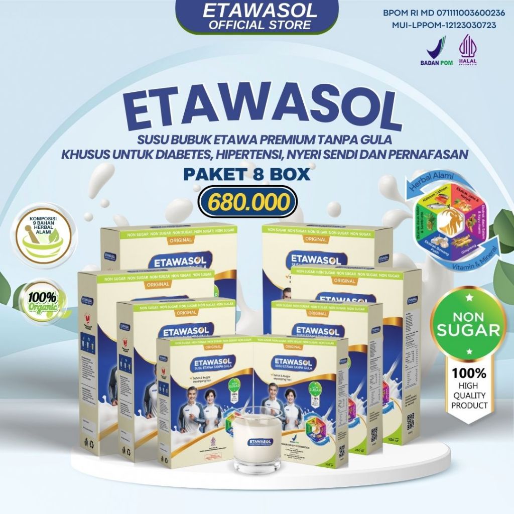 

Etawasol Susu Kambing Etawa Non Sugar Untuk Keluhan Diabetes dan Darah Tinggi Kemasan 250gram Paket 8 Box