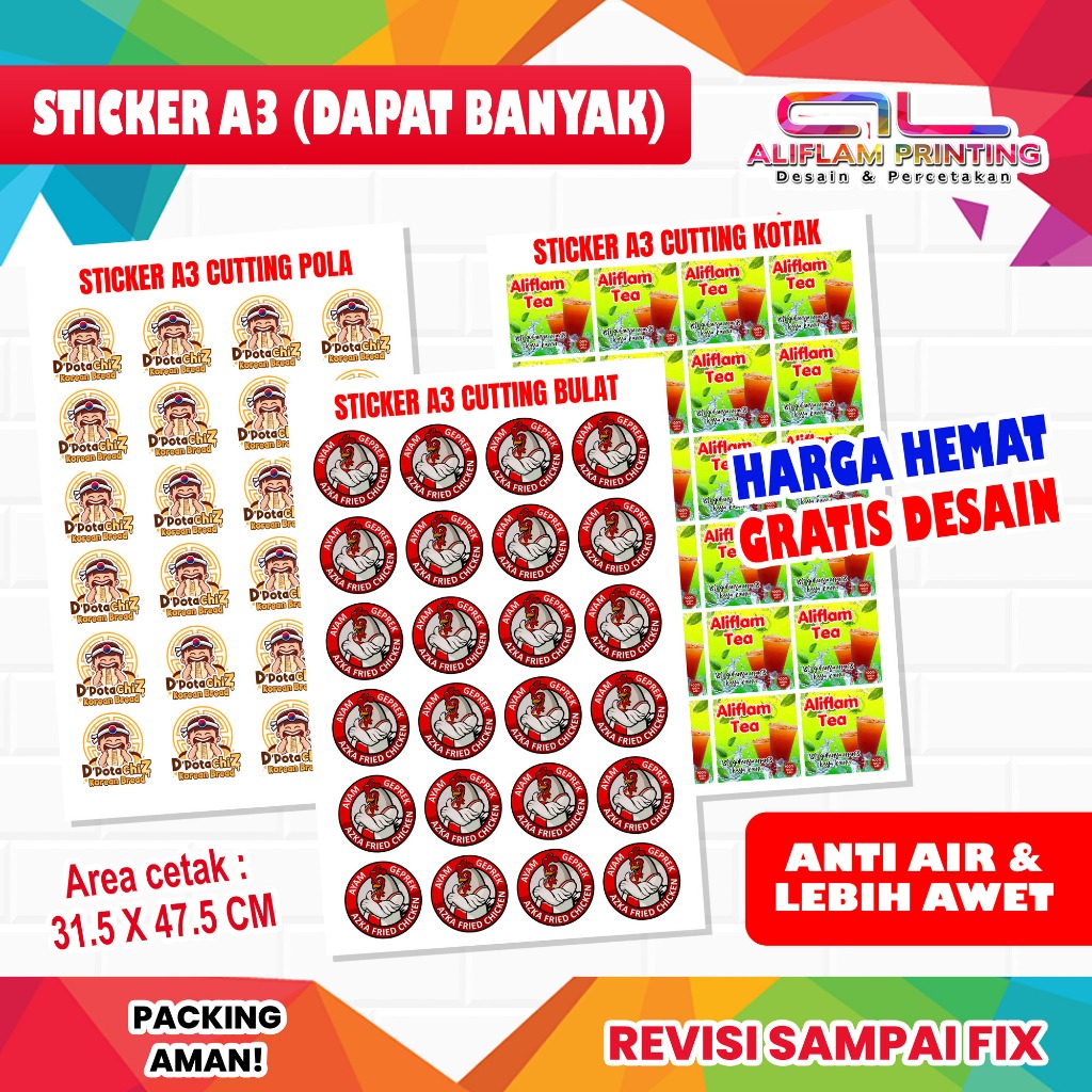 

CETAK STICKER ANTI AIR | A3 HARGA LEBIH HEMAT GRATIS DESAIN