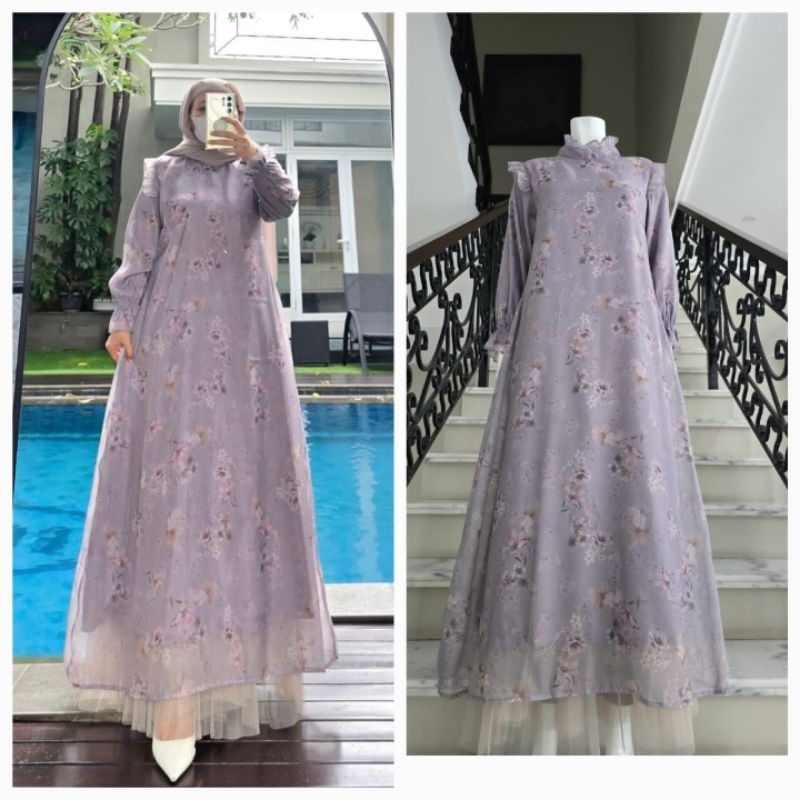 Gamis ekclusive organza milky mix Armani silk ori by Edness Kayla