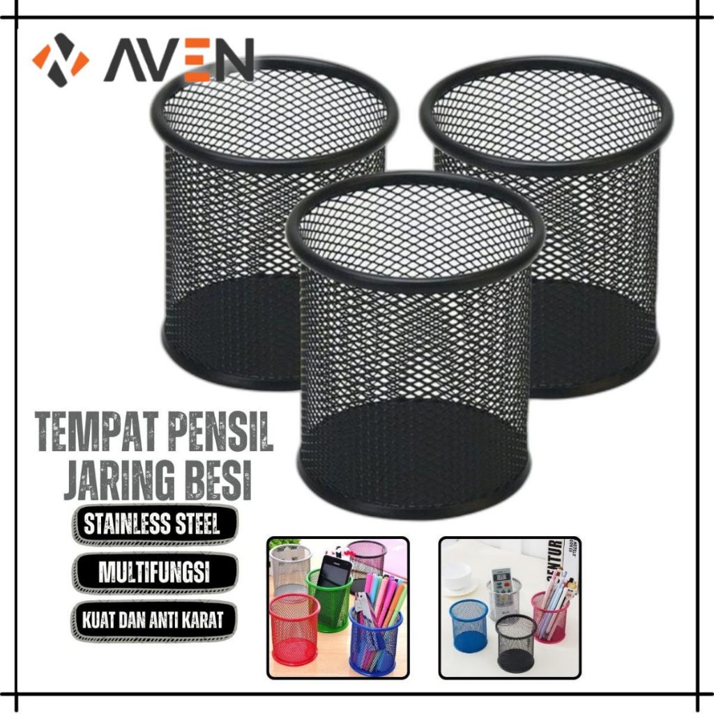 

AVEN Wadah Bentuk Tabung Stainless Steel Untuk Alat Tulis Sekolah Kantor / Tempat Pensil Pulpen Penggaris Gunting Jaring Besi Anti Karat Serbaguna / Pen Holder Multifungsi / Desk Pen Pencil / Round Stationery Container