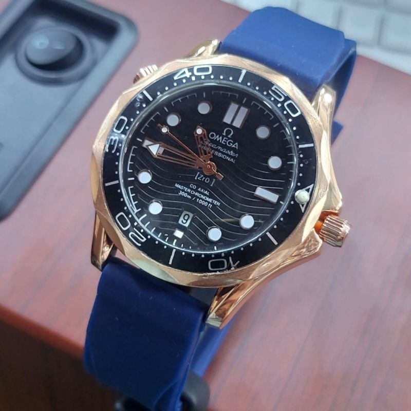 (BISA COD) JAM TANGAN WANITA - Omega - Diameter 45mm - Tanggal aktif -  Tali Bahan karet