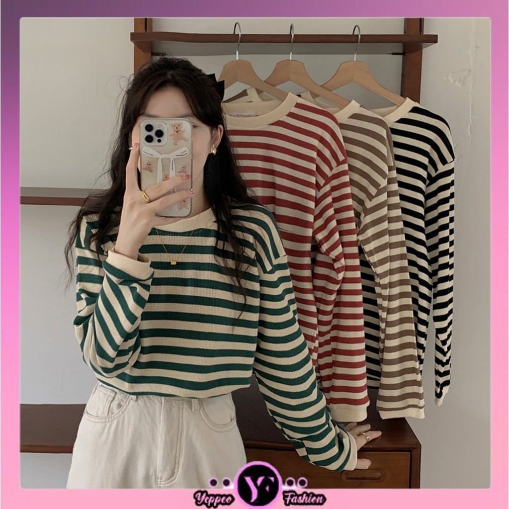•YF•BJ1685 Baju Atasan Rajut Wanita Motif Belang lengan Panjang Rajut Korea Top Salur Fashion