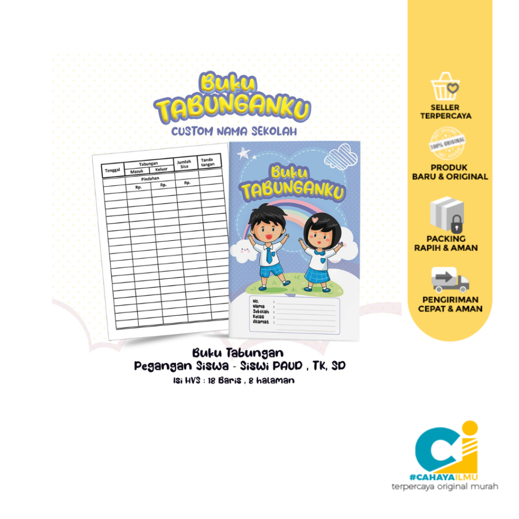 

Buku Tabungan Custom Nama + Cover & Lembaga Sekolah Berserta Alamat Tabungan Sekolah PAUD , TK , SD Varian Biru Pelangi