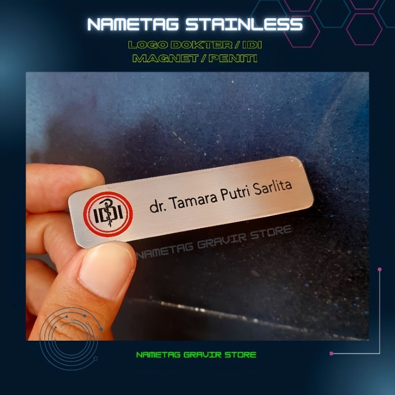 Nama Dada Name Tag Stainless Logo IDI / Dokter Grafir Perekat Magnet