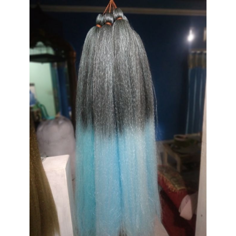rambut sambung cemara ombre mix 2warna hitam biru tosca