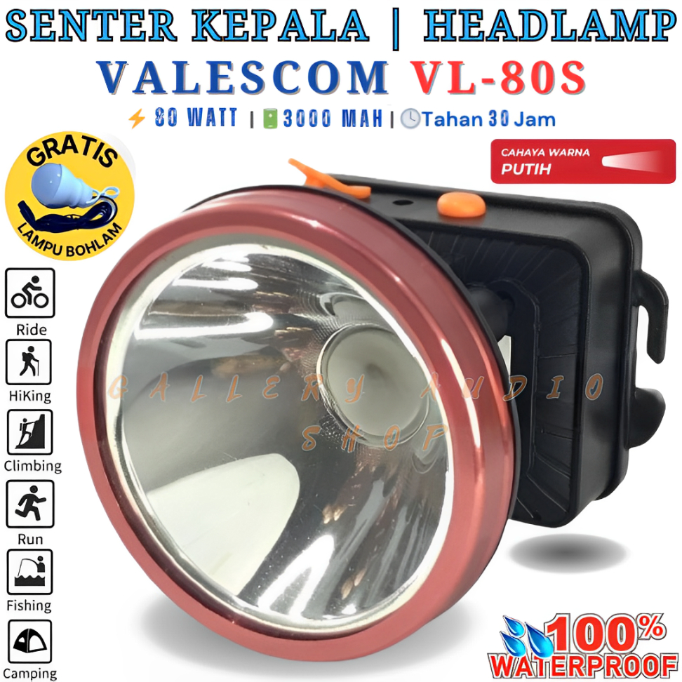 Senter Kepala VALESCOM VL-80S LED 80 Watt | Headlam Super Terang Valescom VL-80S Waterproof [ Bonus 