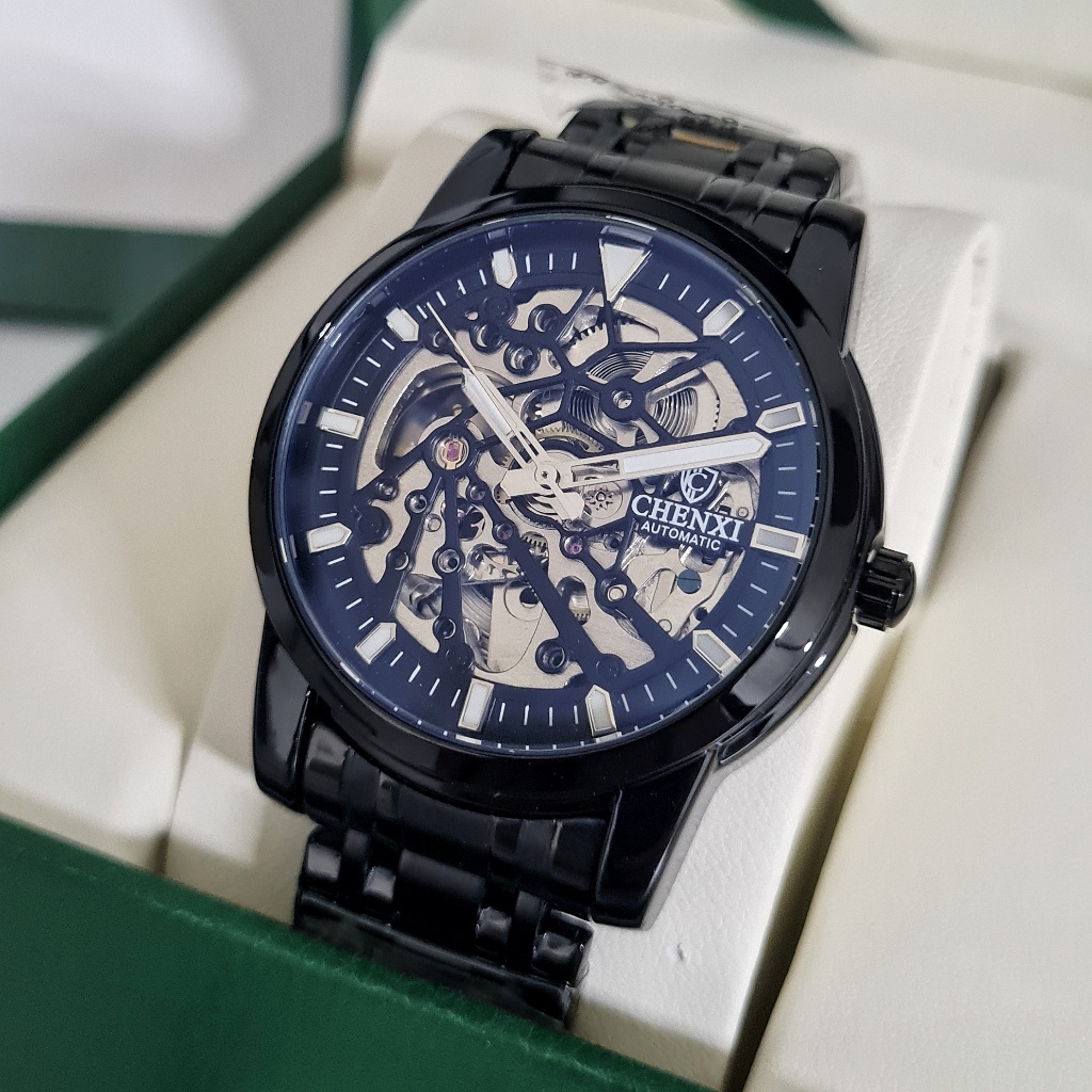 CHENXI Cudo Jam Tangan Pria Original Otomatis Rantai Stainless Hitam Tanpa Baterai Anti Air Skeleton