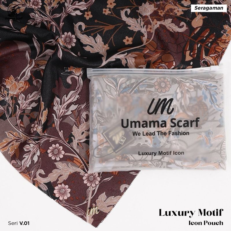 Jilbab Segiempat Umama Luxury Motif print metal logo swarosky Hijab glowing sinar LC