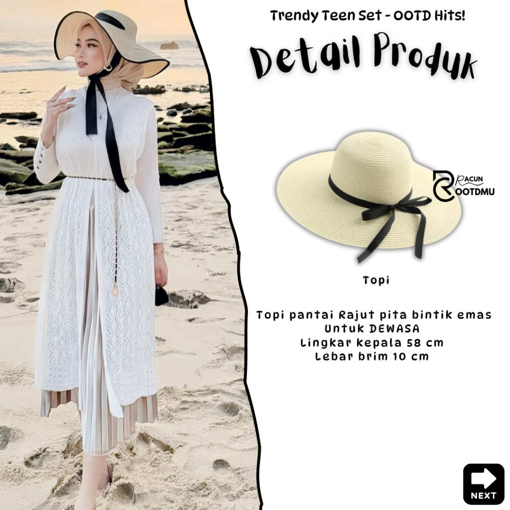 DISKON OOTD ONE SET PANTAI VIRAL LONG OUTER CARDIGAN, ROK PLISKET PREMIUM, TOPI PANTAI DEWASA RAJUT