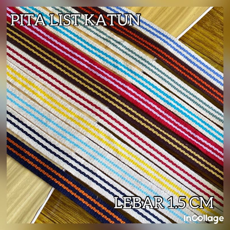 

per meter pita list katun warna warni lebar 1.5 cm