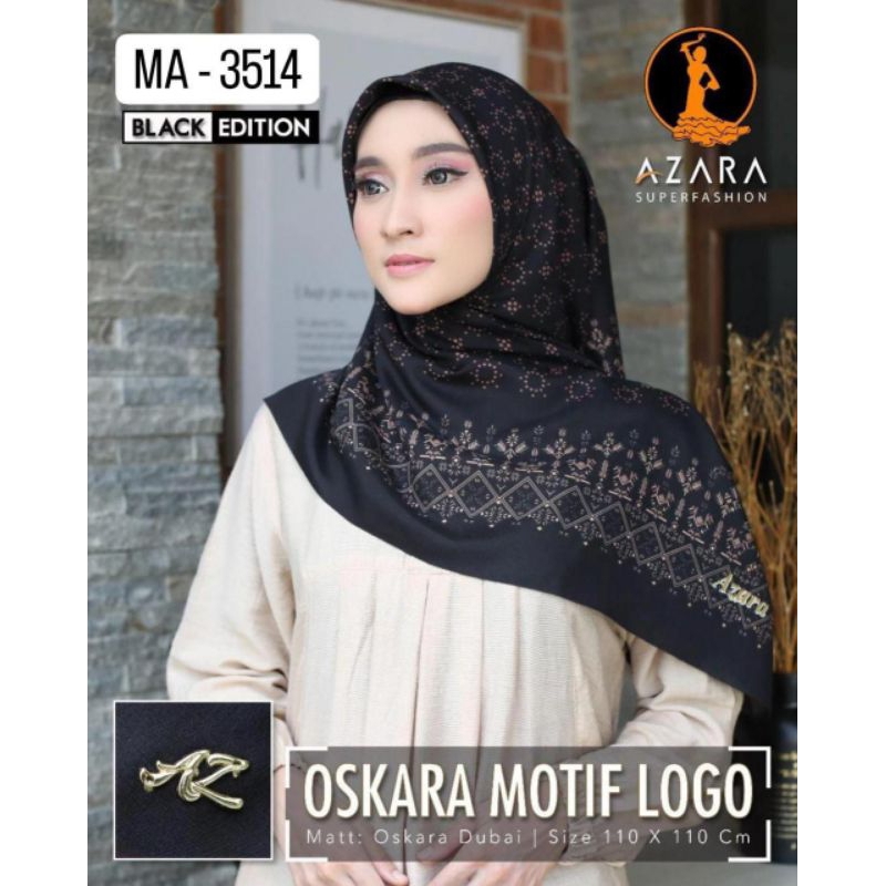 AZARA Jilbab Segi Empat Motif Seri Khusus Warna Hitam Voal Motif Premium Laser Cut Logo