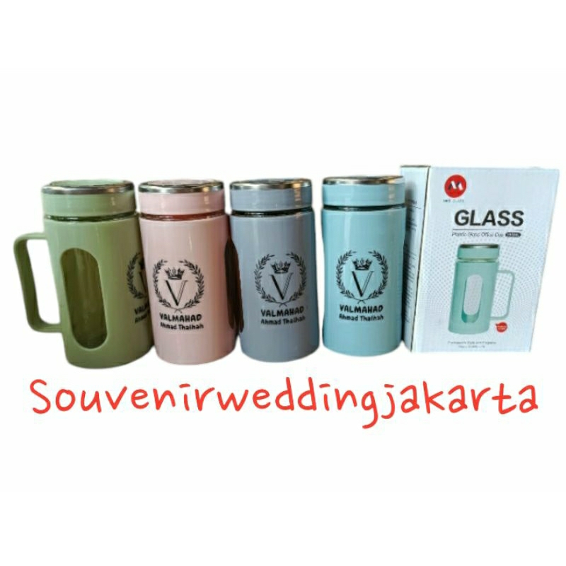 Gelas Gagang Kaca/Gelas Jar Warna+Box 500 ml Free Sablon