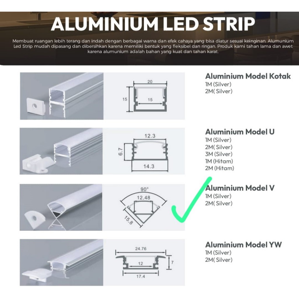 HOUSING ALUMINIUM LED STRIP / RUMAH LED STRIP / REL LED STRIP 1 Meter