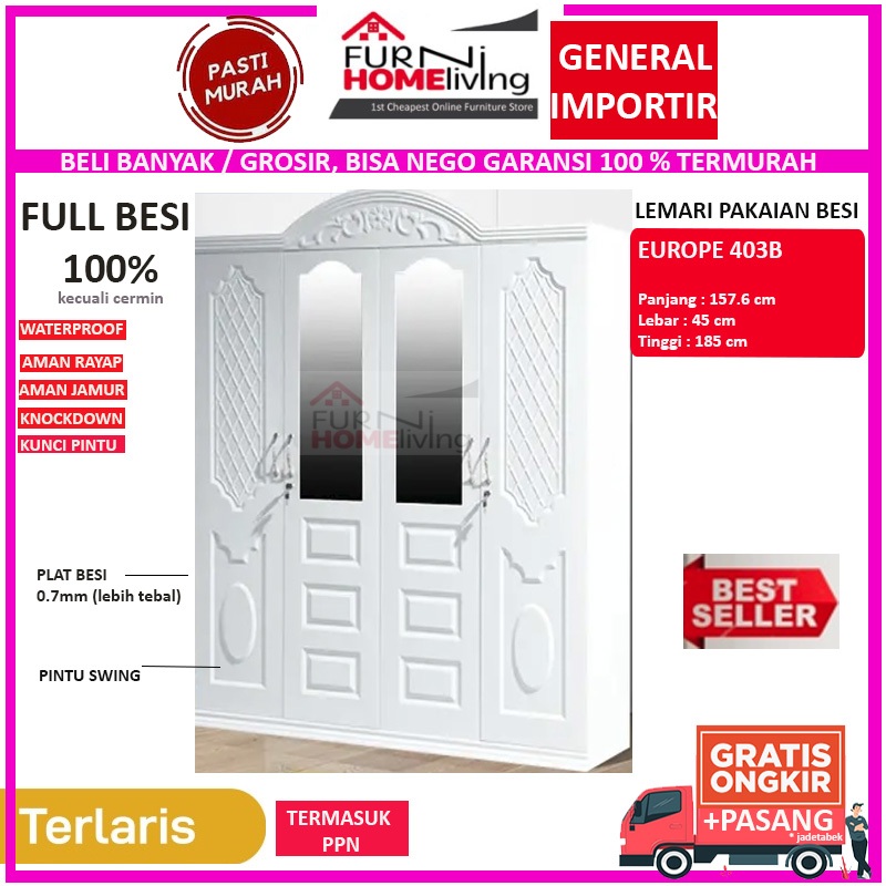 CLASSIC STYLE Lemari Besi 4 Pintu Ukir Klasik Putih AKL 403