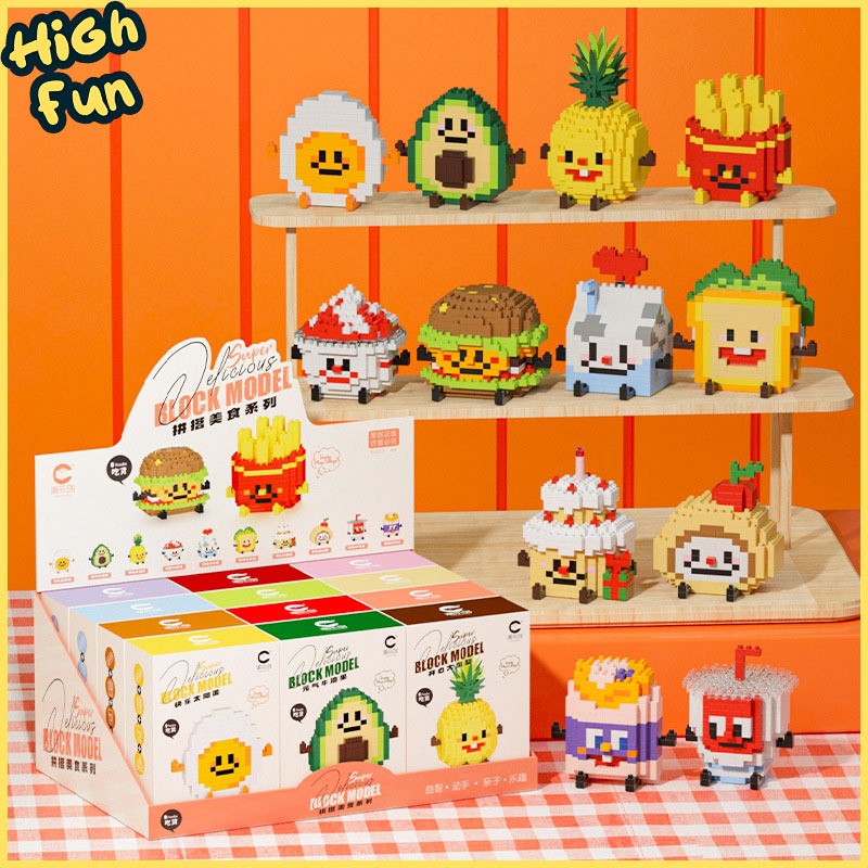HighFun Nanoblok Makanan dan Buah-buahan mini lucu imut Alpukat Kentang Goreng Burger Telur
