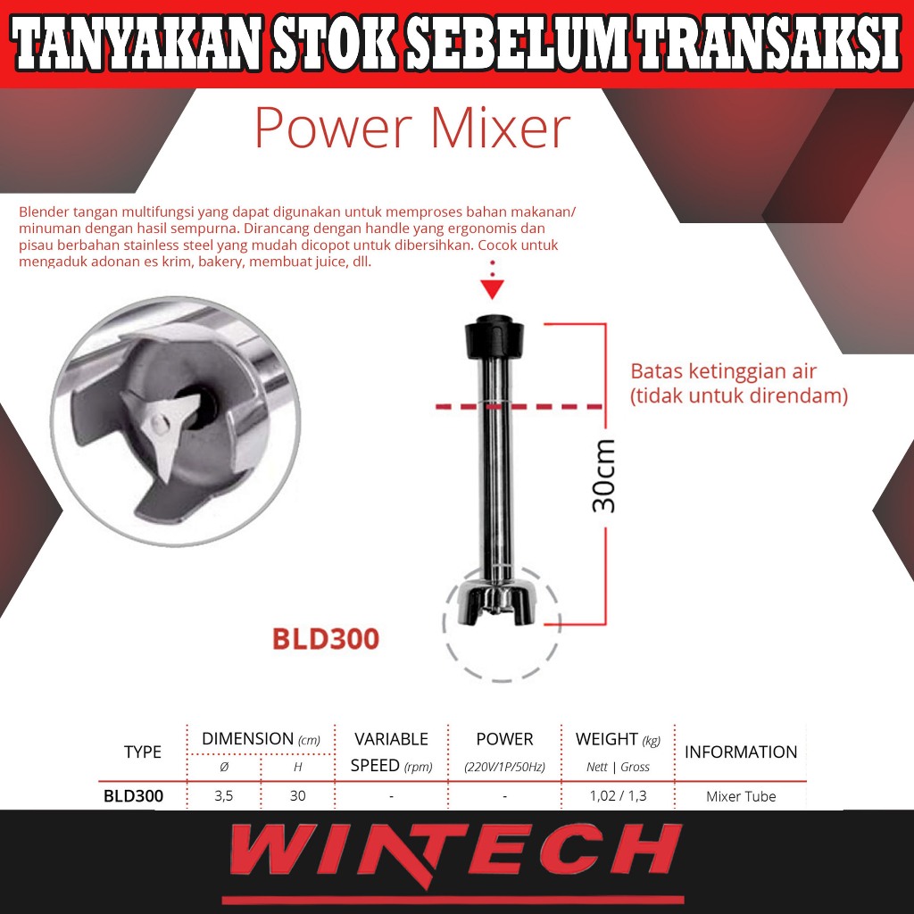 Getra BLD300 Mixer Tube - Mata Pisau Untuk Hand Blender IB350CV IB500LV - Panjang 30 Cm - Pisau Berb