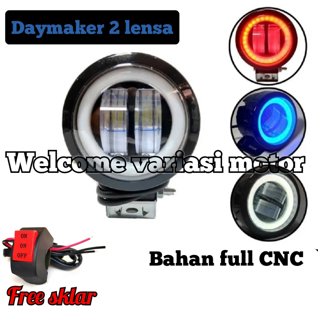 JLK (COD) LAMPU TEMBAK LED variasi Daymeker kotak 2 lensa biru/merah/putih/kuning UNIVERSAL Motor &
