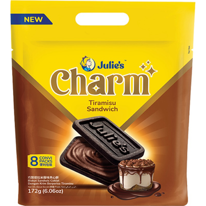 

JULIE’S Charm Tiramisu & Chocolate sandwich cookies 172gr snack import Malaysia