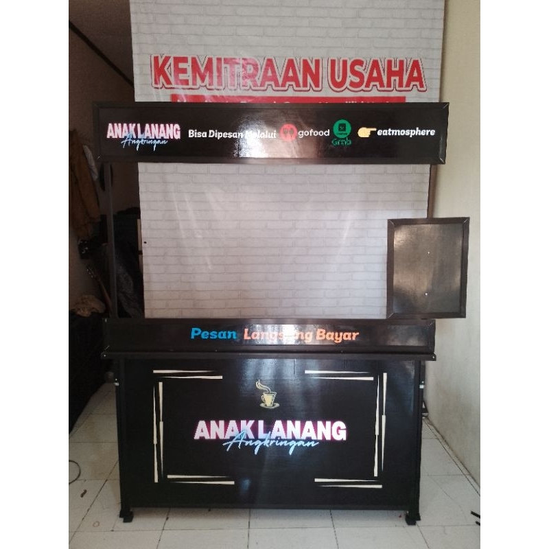 Booth Portable Meja Lipat Gerobak Lipat ukuran 1,5 Meter berbahan aluminium hitam dengan 2 rak penyi