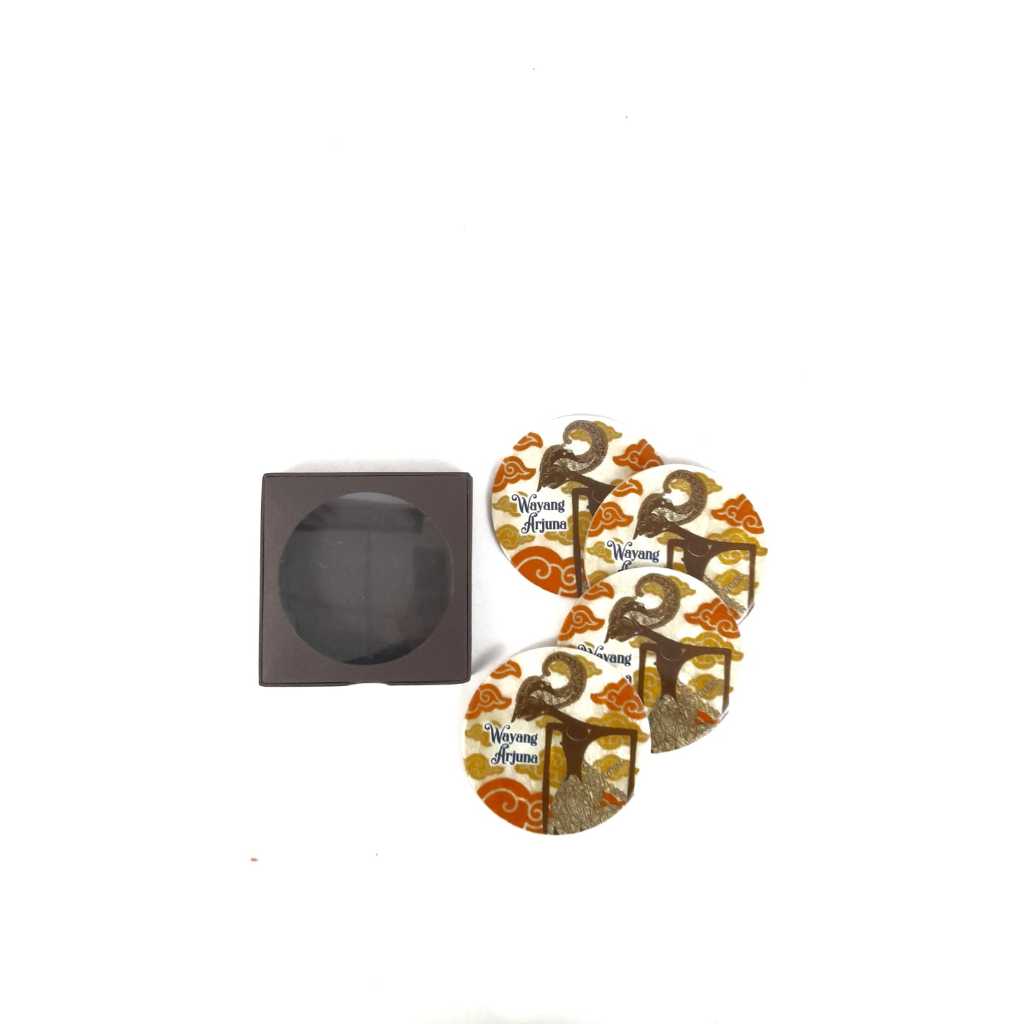 Coaster/Tatakan Gelas Kerang Motif Wayang Arjuna Coklat Kuning 1 set isi 4